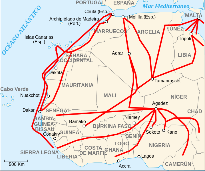 Mapa de las rutas de inmigración africana a Europa. Imagen de Wikimedia Commons subida por el usuario historicair. Con licencia CC BY-SA 3.0