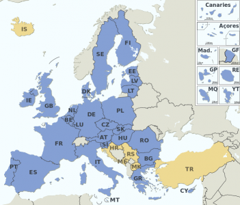 Países miembros de la UE en azul, candidatos a la adhesión en naranja. Imagen de Wikipedia con licencia CC BY-SA 3.0