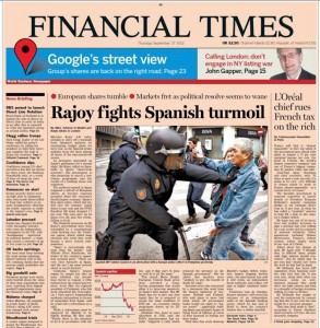 Titelseite der Financial Times vom 27. September. Bild der Facebook-Seite «Asamblea virtual» [Virtuelle Versammlung]