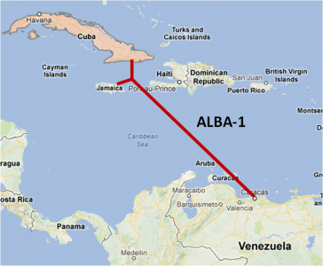 Imagen de la conexión de Cuba, Venezuela y Jamaica del cable de fibra óptica ALBA 1. Tomada del blog de Renesys. 