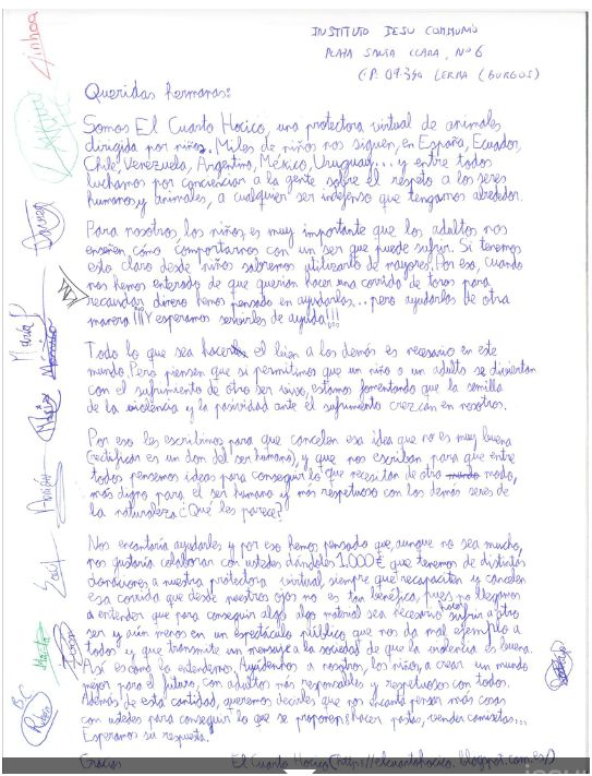 Carta de los niños de «El cuarto hocico» a las monjas de Iesu Communio. Captura de pantalla de su web.