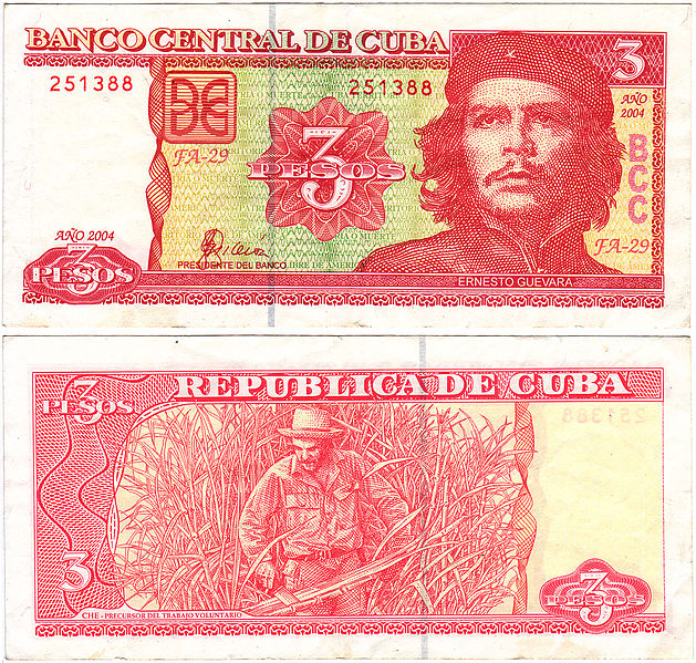 Tres pesos cubanos. Imagen tomada de Wikipedia bajo licencia de uso justo.