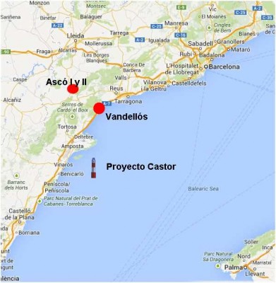 Ubicación del proyecto Castor y las centrales nucleares de Vandellós y Ascó I y II. Imagen de Google Maps.