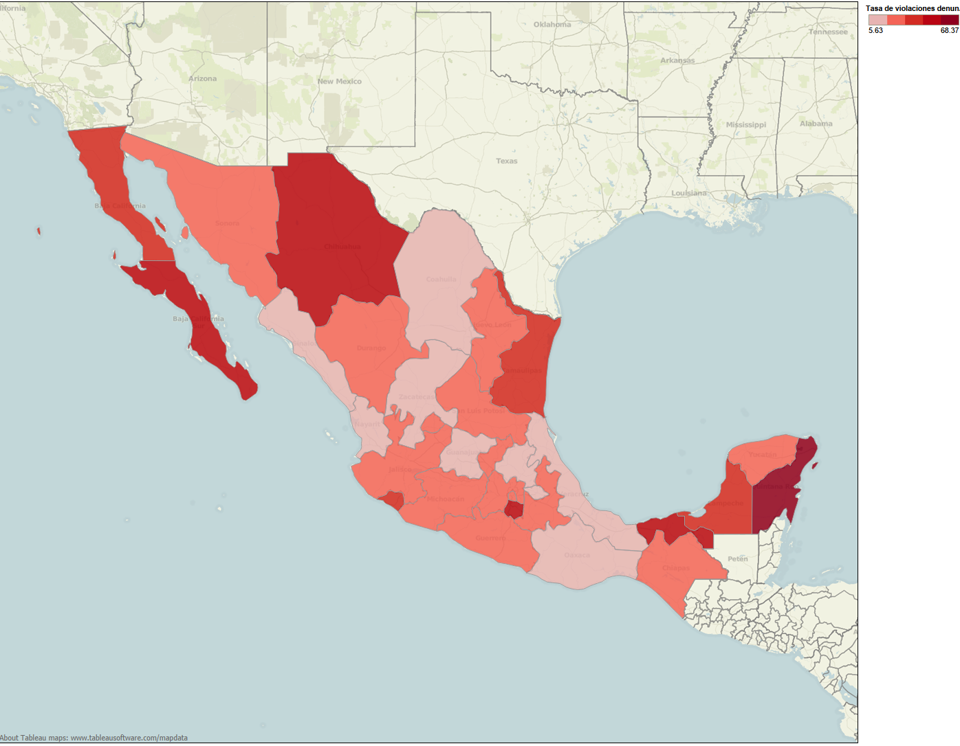 Haga click en la imagen para ver mapa interactivo con tasa de violaciones denunciadas por cada cien mil mujeres por estado en México.