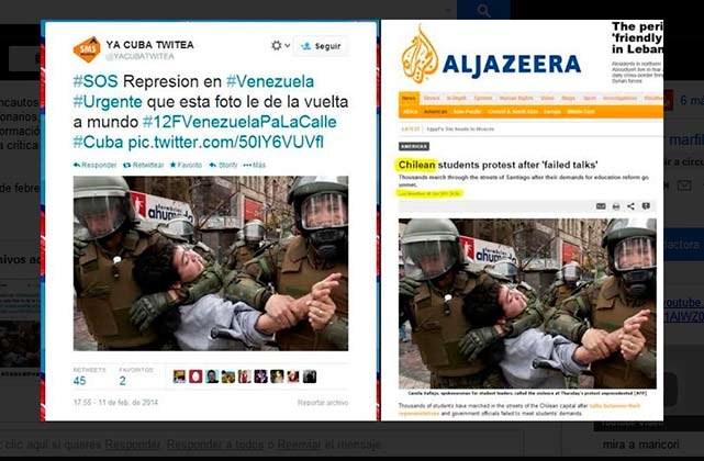 Izquierda: Denuncia de "represión" en Venezuela a cargo del usuario @YACUBATWITEA. Derecha: Imagen original publicada por AlJazeera sobre las protestas de Chile en 2012.