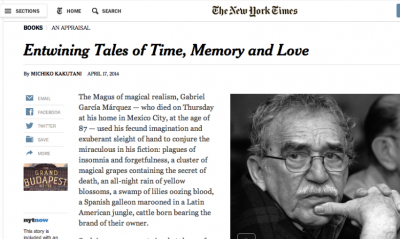 Fue tal la reacción de la muerte de Gabo, que incluso diarios como The New York Times dedicaron una buena parte de su espacio en su sitio electrónico. Imagen extraída de nytimes.com