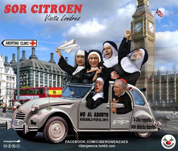 Rouco y varios ministros del PP en Londres, ciudad en la que abortaron miles de españolas antes de la ley de 1985. Imagen subida a Twitter por no_pasaran#