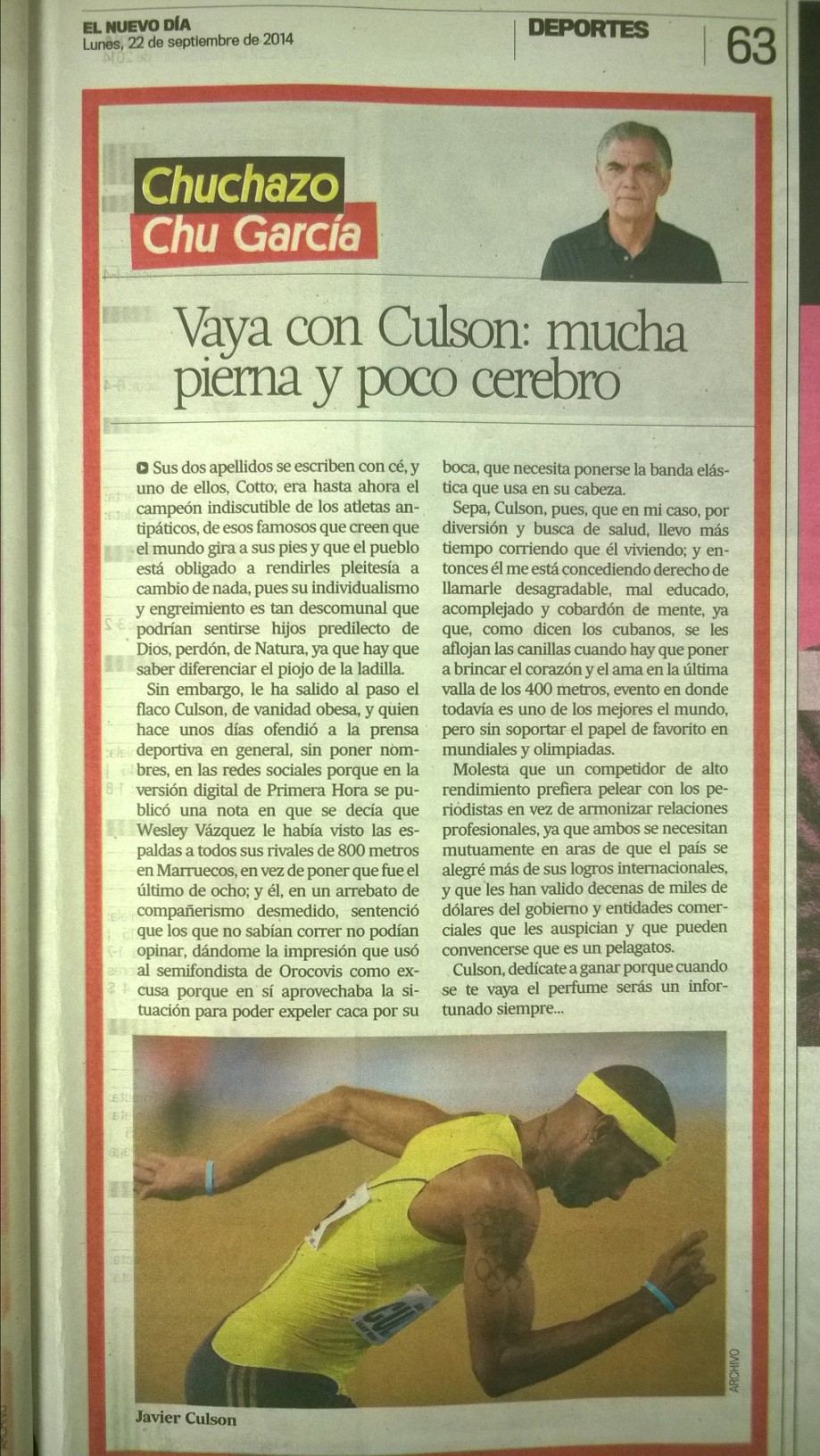Columna de Chu García en El Nuevo Día, lunes 22 de septiembre de 2014, página 63. Imagen tomada por Ángel Carrión.