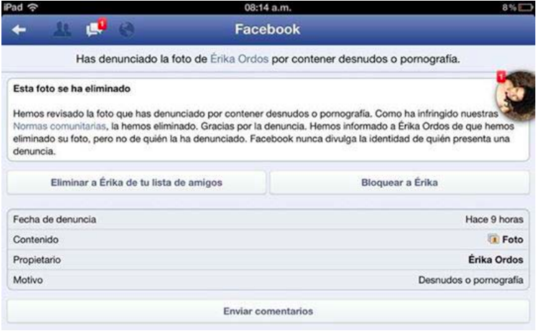 Captura de pantalla del proceso de denuncia de contenido pornográfico en Facebook. Compartido por Erika