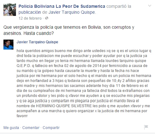 Una de las denuncias que recibió la página en Facebook “Policía Boliviana, la peor de Sudamérica”.
