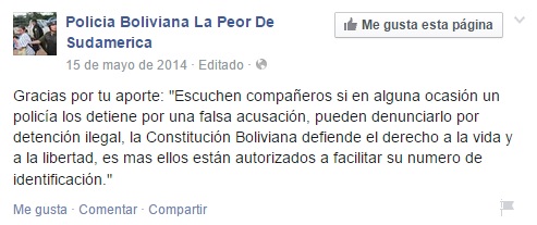 Los consejos que miembros de la página “Policía Boliviana, la peor de Sudamérica”, comparten con otros usuarios a través de Facebook.