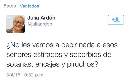 Captura de imagen del polémico tuit de Julia Ardón.