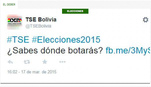 Captura de pantalla del tuit con error ortográfico que le costó el puesto al administrador de redes sociales del tribunal electoral boliviano.