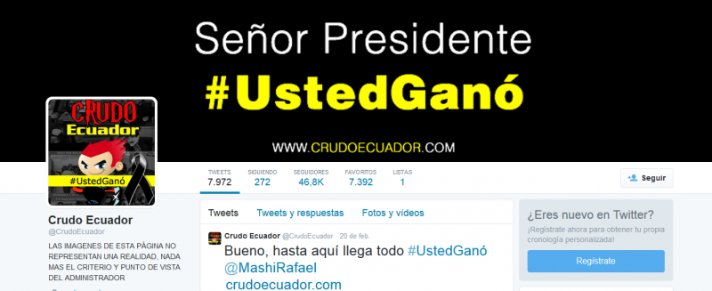 Pronásledování ze strany vlády bylo tak intenzivní, že se tvůrce stránky Crudo Ecuador rozhodl od politické satiry zcela upustit. Rozloučil se se svými příznivci hashtagem #UstedGanó (Vyhrál jste), ve kterém odkázal na prezidenta Ekvádoru Rafaela Correu. Z Twitteru, účet @CrudoEcuador.