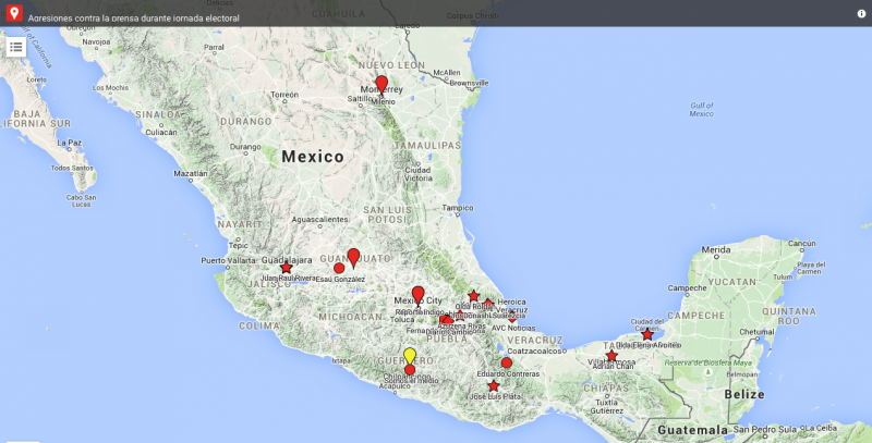 Карта случаев проявления агрессии во время освещения выборов в Мексике в 2015 году. Сеть #