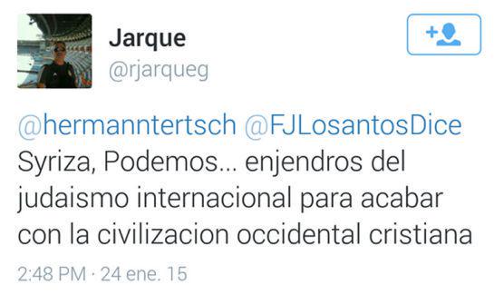 Jarque insulta al grupo político Podemos. Captura de su desaparecida cuenta en Twitter.